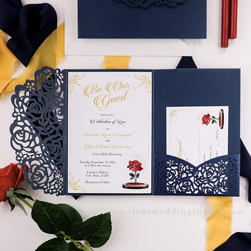 Beauty and the beast navy blue red rose pocket wedding invitations CWIL80
